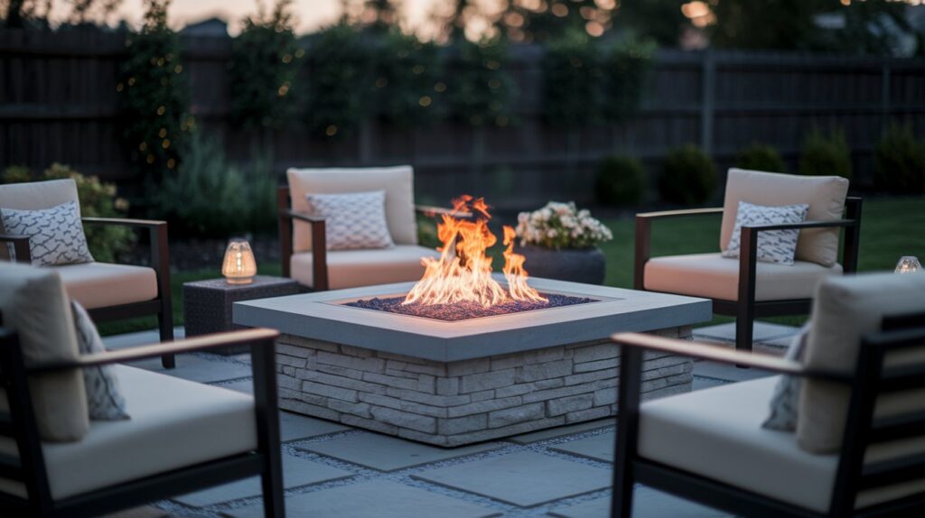 A cozy fire pit surrounded by chairs and tables in a backyard setting, perfect for outdoor gatherings.