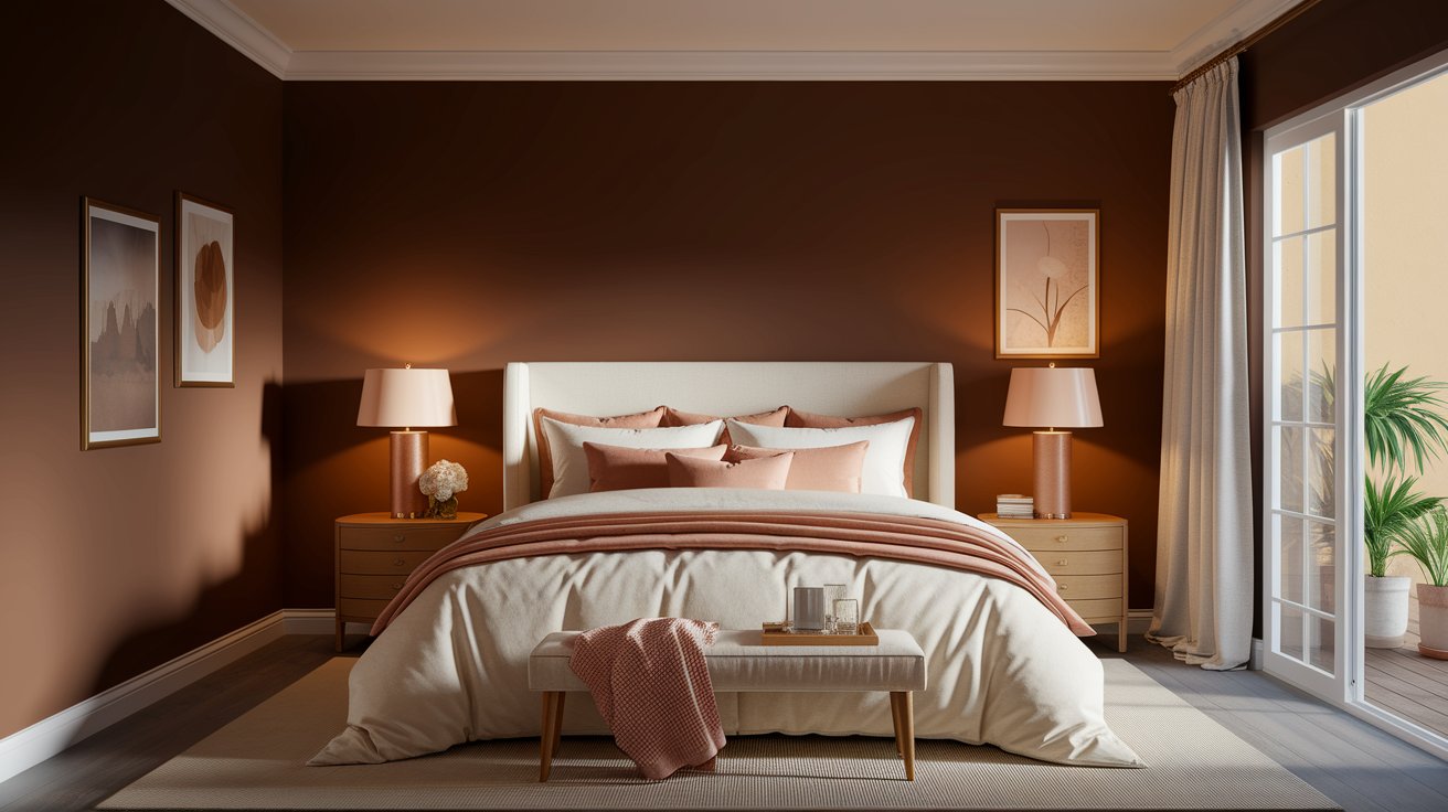 A cozy bedroom featuring brown walls and a neatly made bed, creating a warm and inviting atmosphere.
