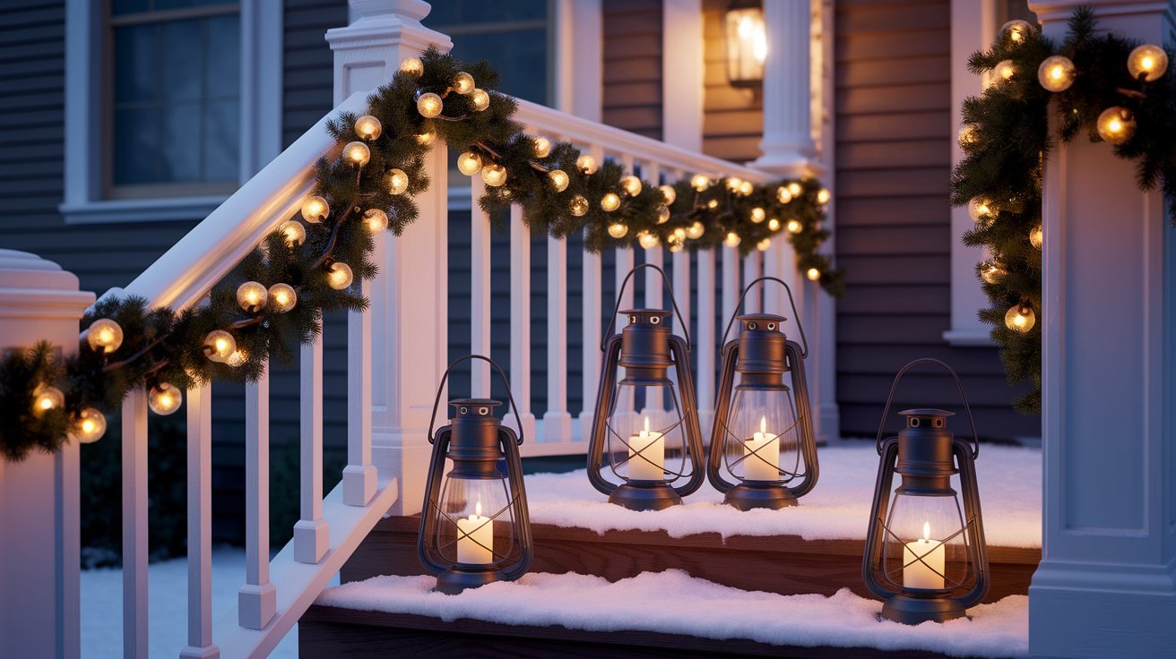 A cozy porch adorned with glowing lanterns and festive garland draped over the steps, creating a welcoming atmosphere.