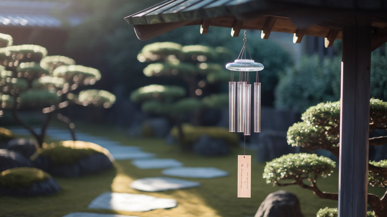 A wind chime hangs in a garden surrounded by trees and rocks, gently swaying in the breeze.
