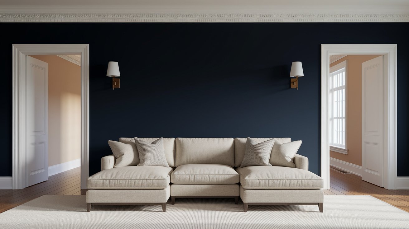A living room featuring dark blue walls and modern white furniture, creating a stylish and contemporary atmosphere.