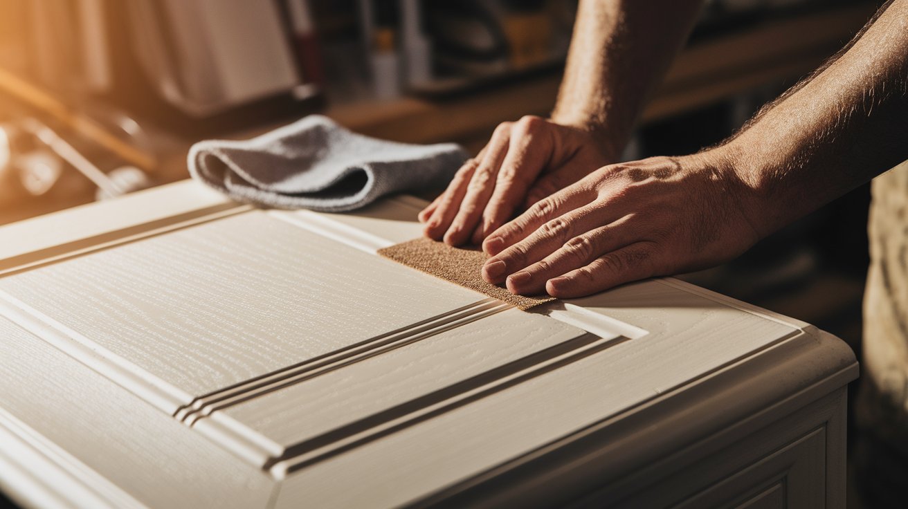 A person is sanding a wooden piece of furniture, focusing on smoothing its surface for refinishing.
