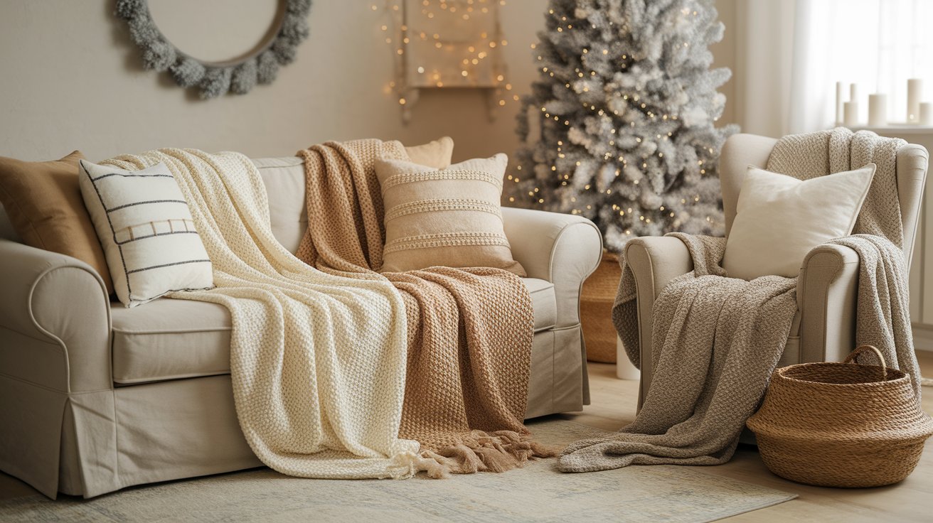 A cozy living room featuring a couch, a chair, and a decorated Christmas tree in the corner.