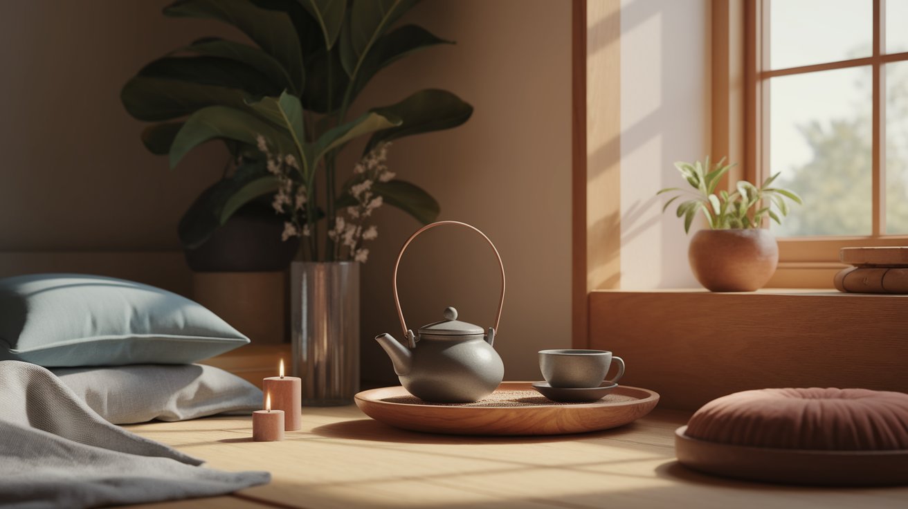 Cozy bedroom with a bed, a teapot, and a potted plant.