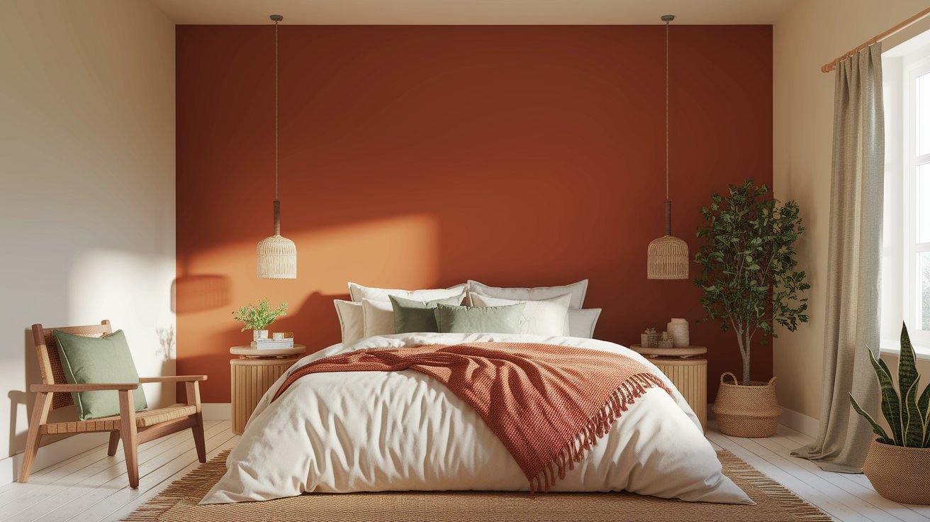 A cozy bedroom featuring vibrant orange walls and a neatly made bed in the center.
