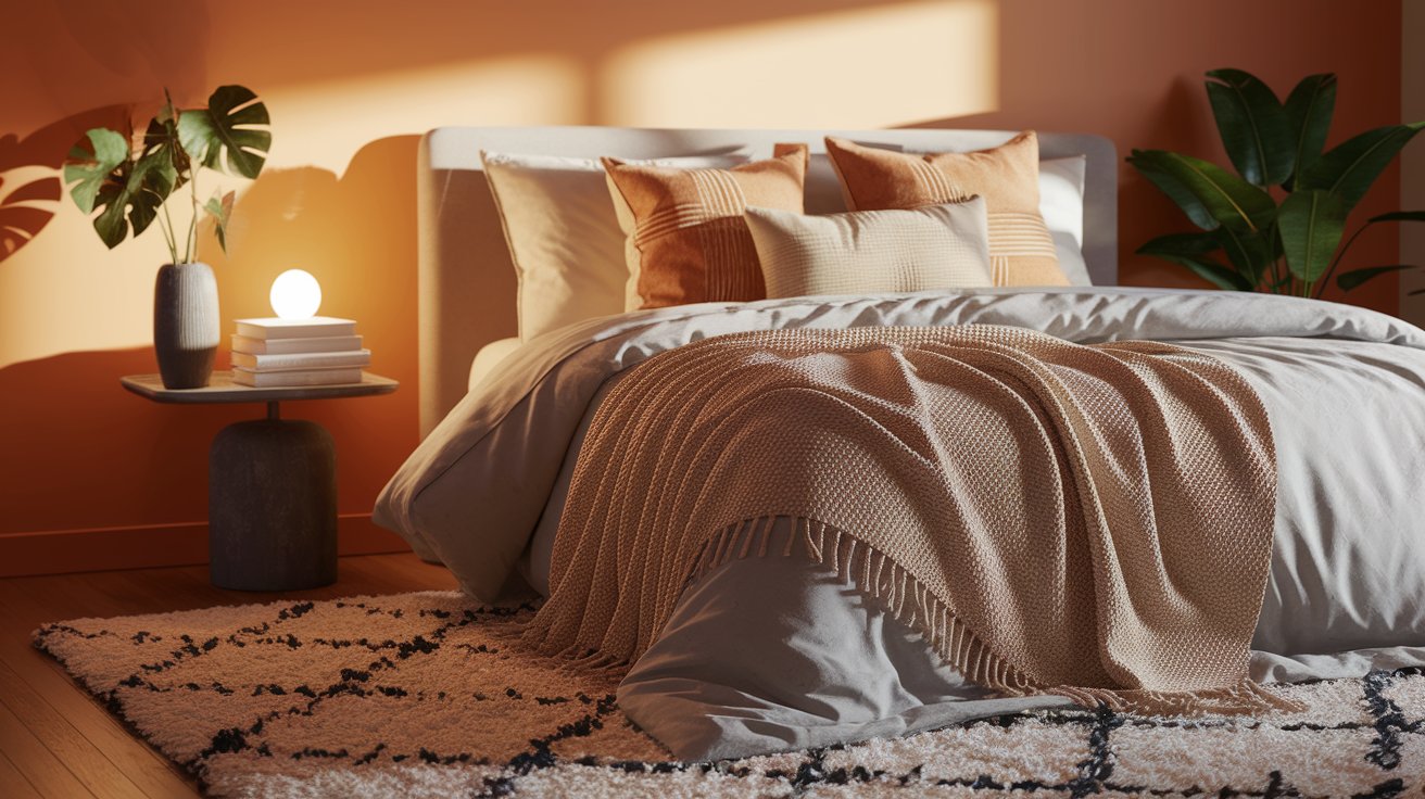 A bright bedroom with orange walls, showcasing a comfortable bed against the colorful backdrop.