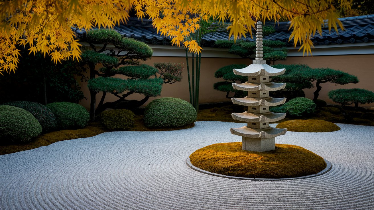 A serene Japanese garden featuring a traditional pagoda surrounded by lush trees and vibrant greenery.