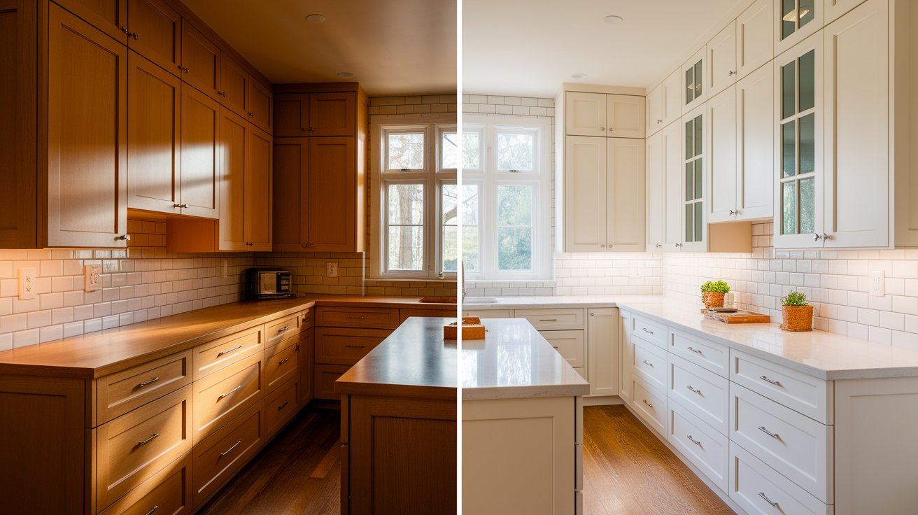 Side-by-side comparison of a kitchen before and after a remodel, showcasing updated design and improved functionality.