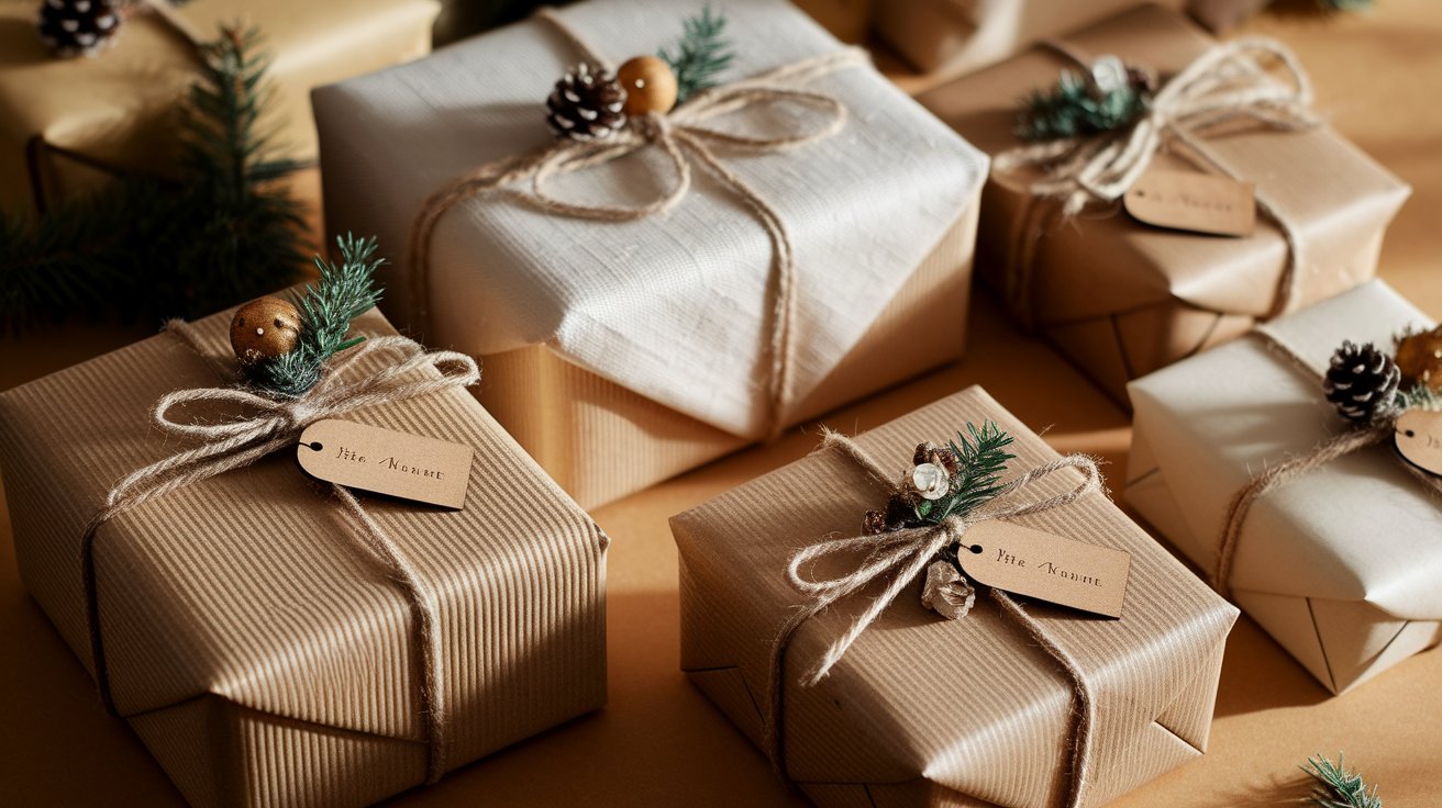 A collection of Christmas gift boxes tied with twine, adorned with pine cones, arranged on a festive background.
