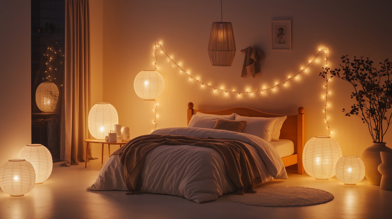 A serene bedroom scene with a comfortable bed, a stylish lamp, and softly glowing lanterns enhancing the ambiance.