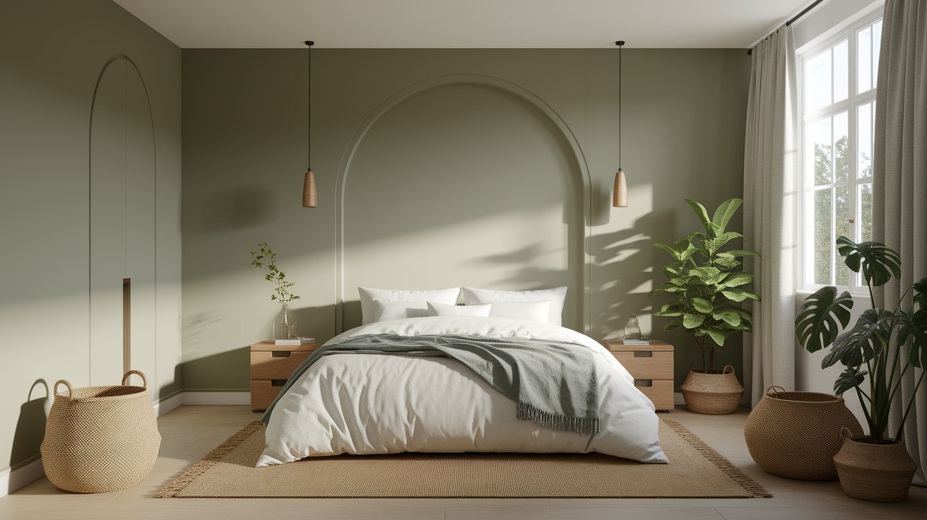 Minimalist bedroom featuring green wall and platform bed.