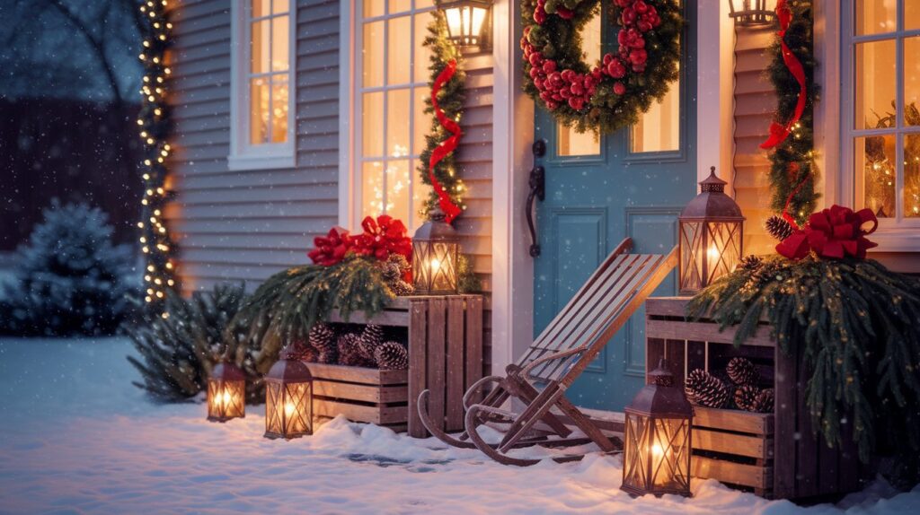 A festive front porch adorned with Christmas decorations and a cozy rocking chair, inviting holiday cheer.