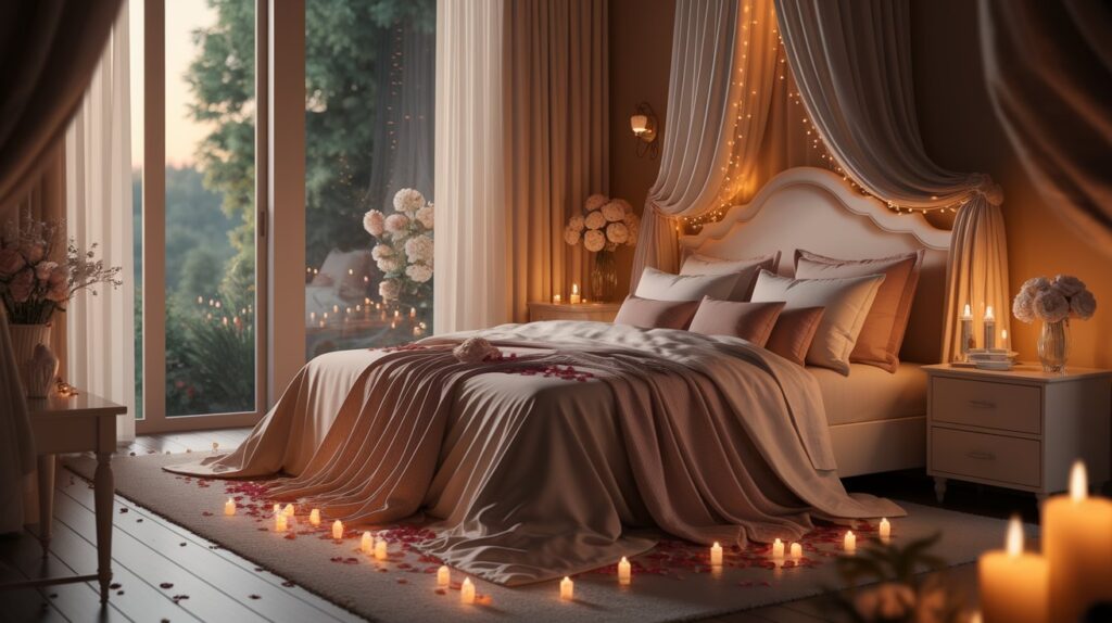 A cozy bedroom featuring a neatly made bed and softly glowing candles on the nightstand.