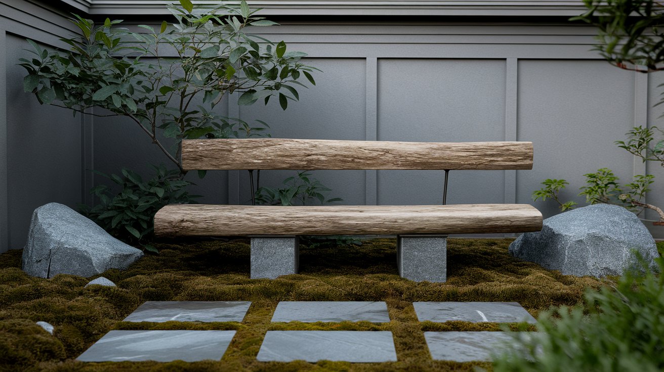 A wooden and stone bench situated in a lush garden, surrounded by greenery and colorful flowers.