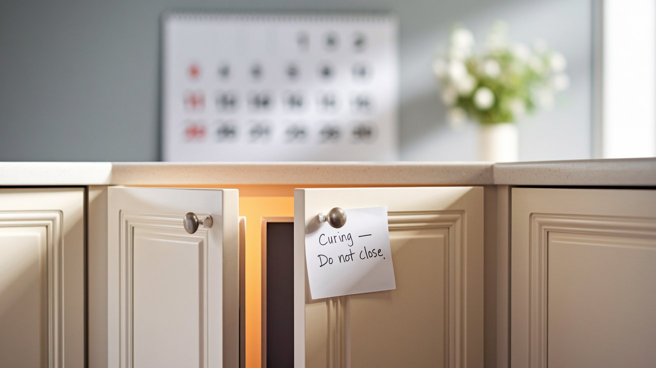 A kitchen cabinet with a visible note affixed to the front, indicating important information.