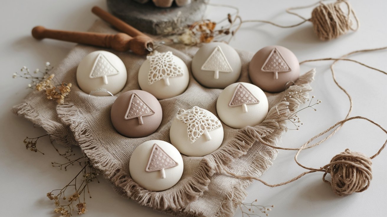A basket filled with colorful decorated eggs alongside a spool of thread, showcasing a festive crafting theme.