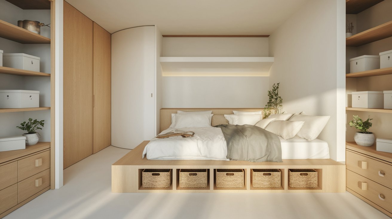 A well-organized bedroom showcasing a comfortable bed, ample storage, and shelves displaying various personal items.