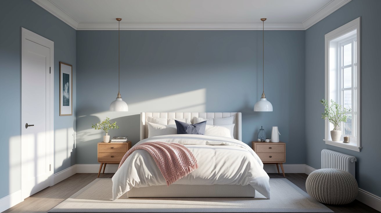 A serene bedroom with calming blue walls and a crisp white bed.
