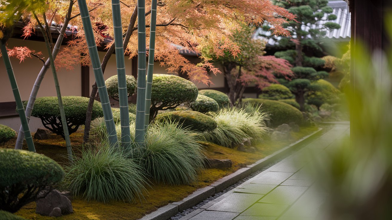 A serene Japanese garden featuring lush trees and vibrant plants, creating a tranquil natural landscape.
