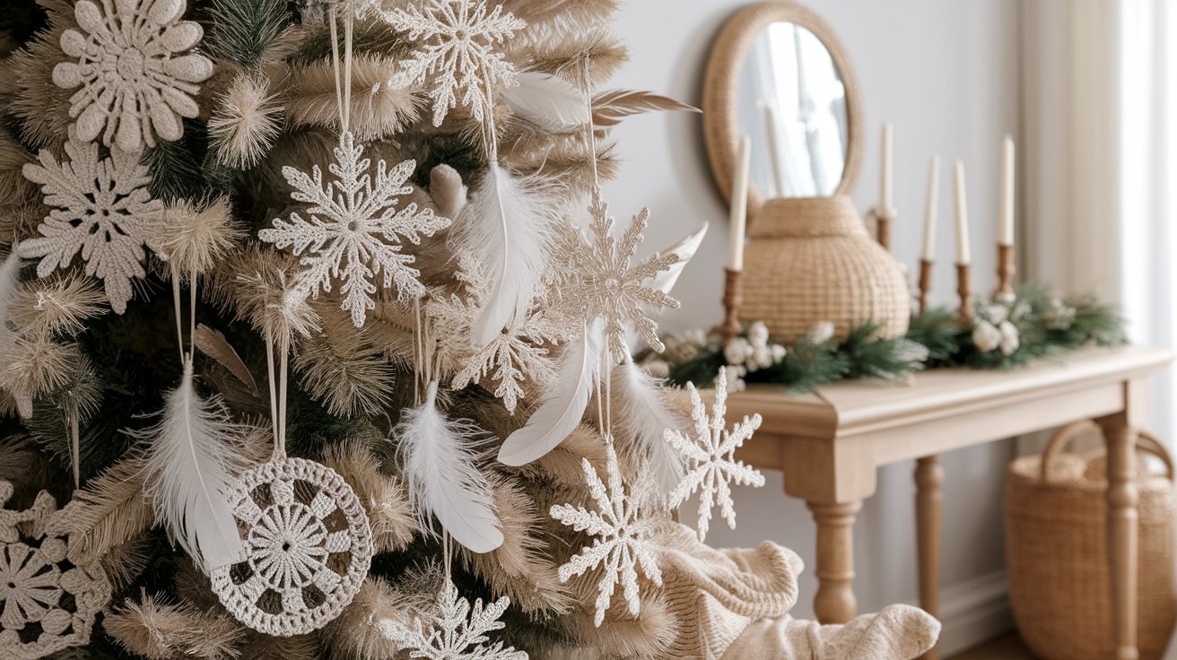 A white Christmas tree adorned with delicate white snowflakes, creating a serene winter atmosphere.