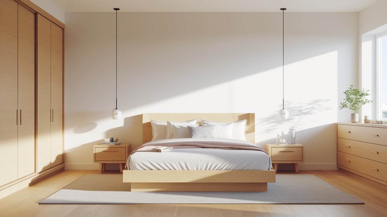 A tidy bedroom featuring a neatly made bed and elegant wooden furniture.