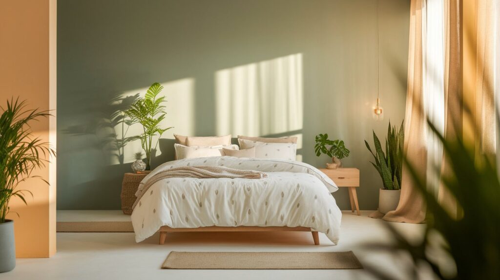 Bedroom with green walls and a bed.