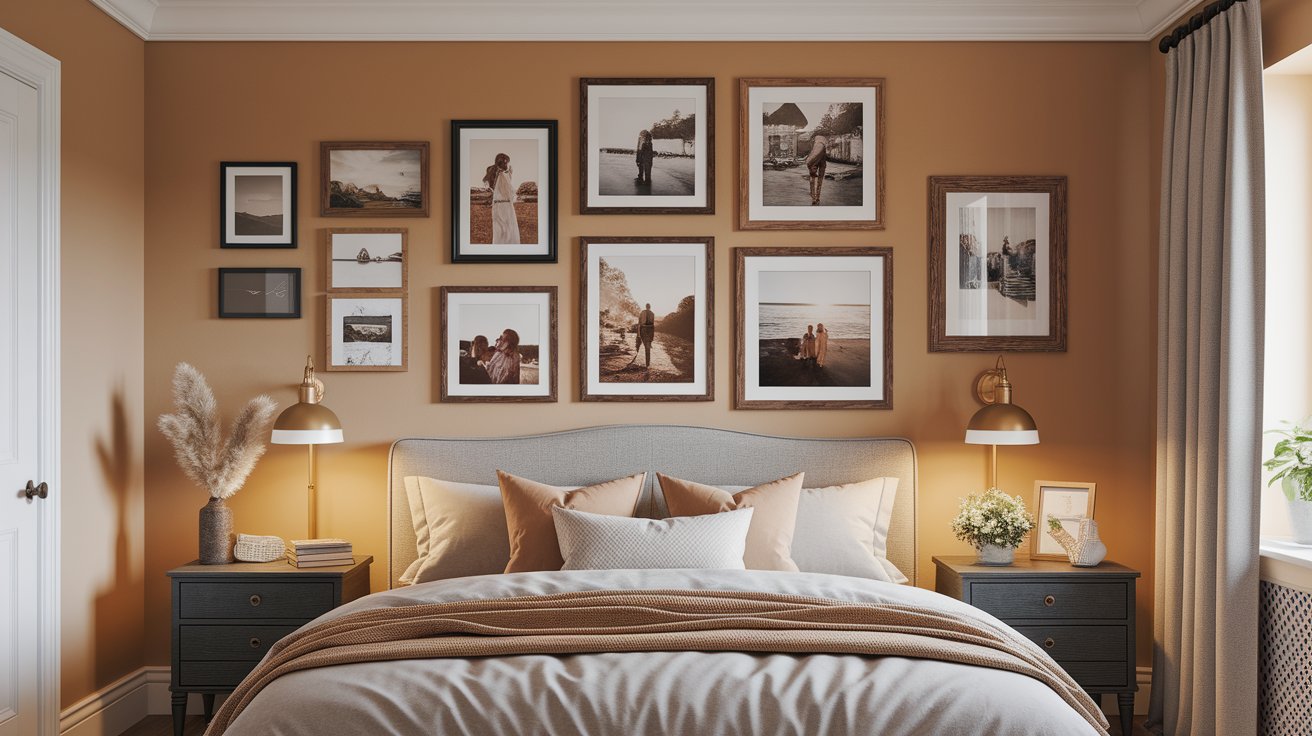 A cozy bedroom featuring a bed, a nightstand, and framed pictures adorning the walls.
