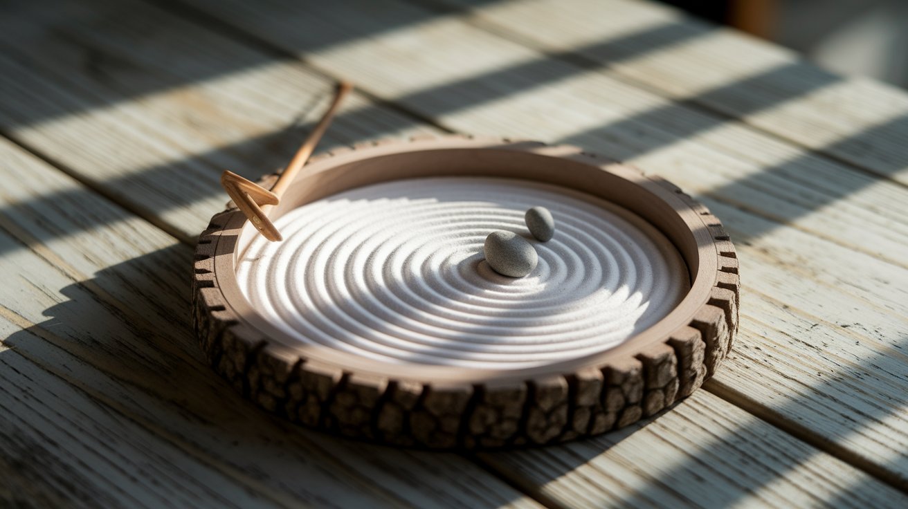 A wooden bowl with a small white object resting on top, showcasing a simple and natural aesthetic.
