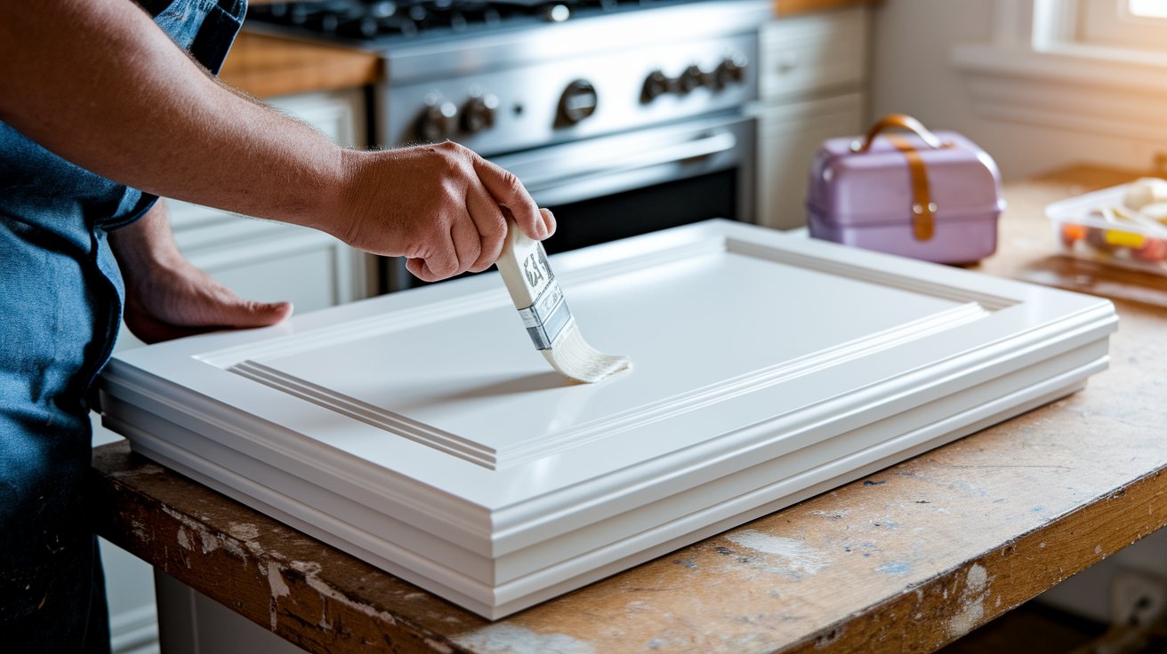 A man is painting a white cabinet with a brush, focusing intently on his work.