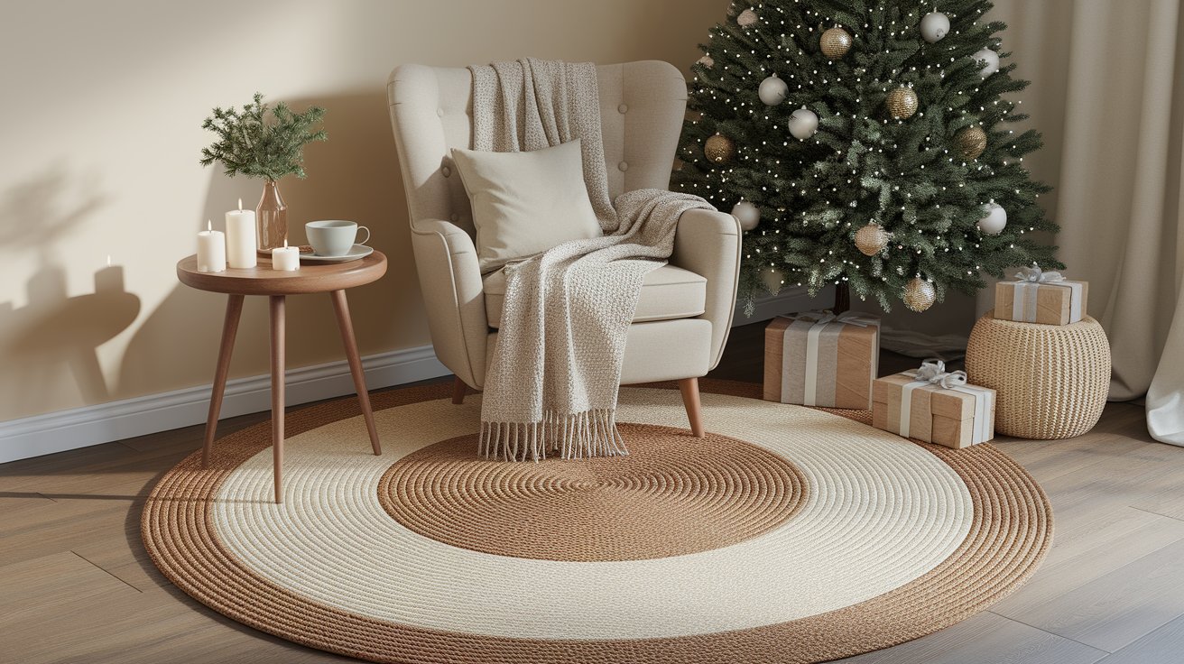 A decorated Christmas tree stands beside a chair in a cozy room featuring a patterned rug on the floor.
