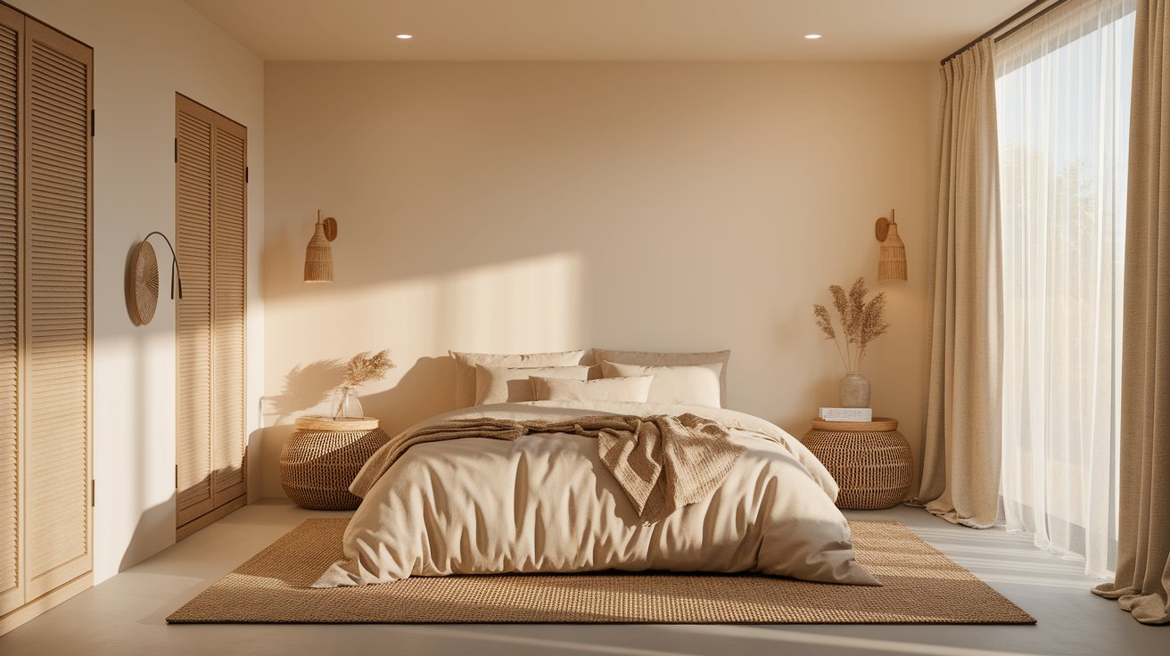 A cozy bedroom featuring a neatly made bed and a large window allowing natural light to enter.