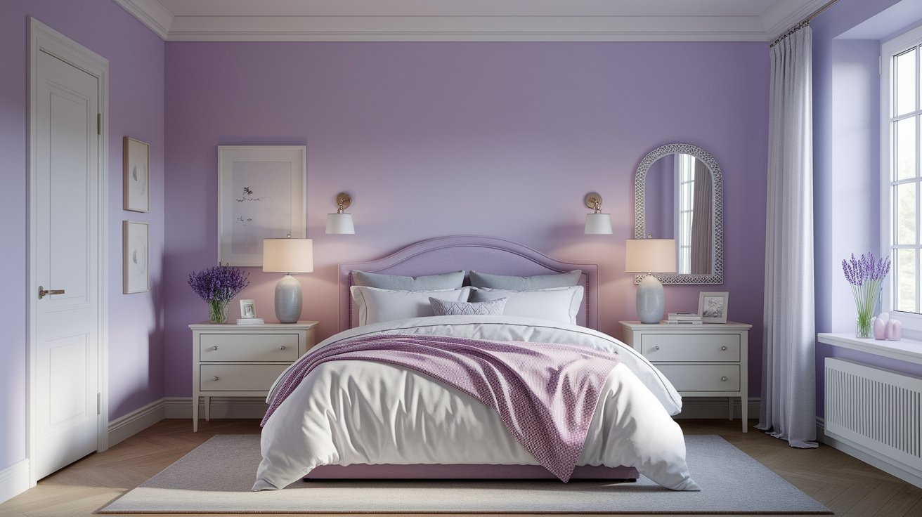 Bedroom with purple walls and a bed.