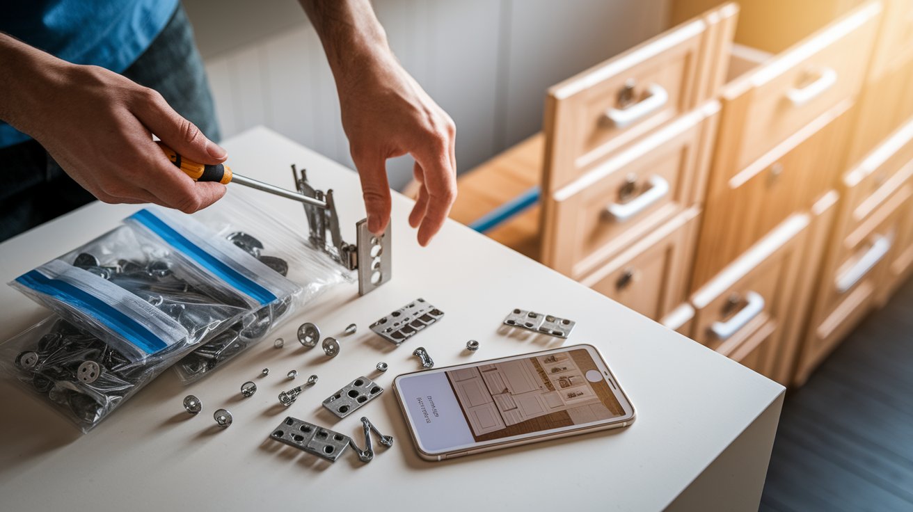 A man photographs his tools with a cell phone, capturing their details for documentation or sharing purposes.