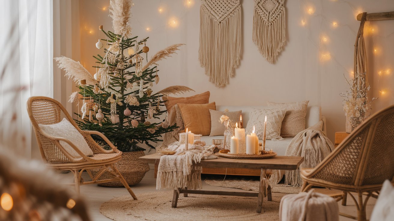 A festive living room with a Christmas tree, comfortable wicker chairs, and softly glowing candles creating a warm ambiance.