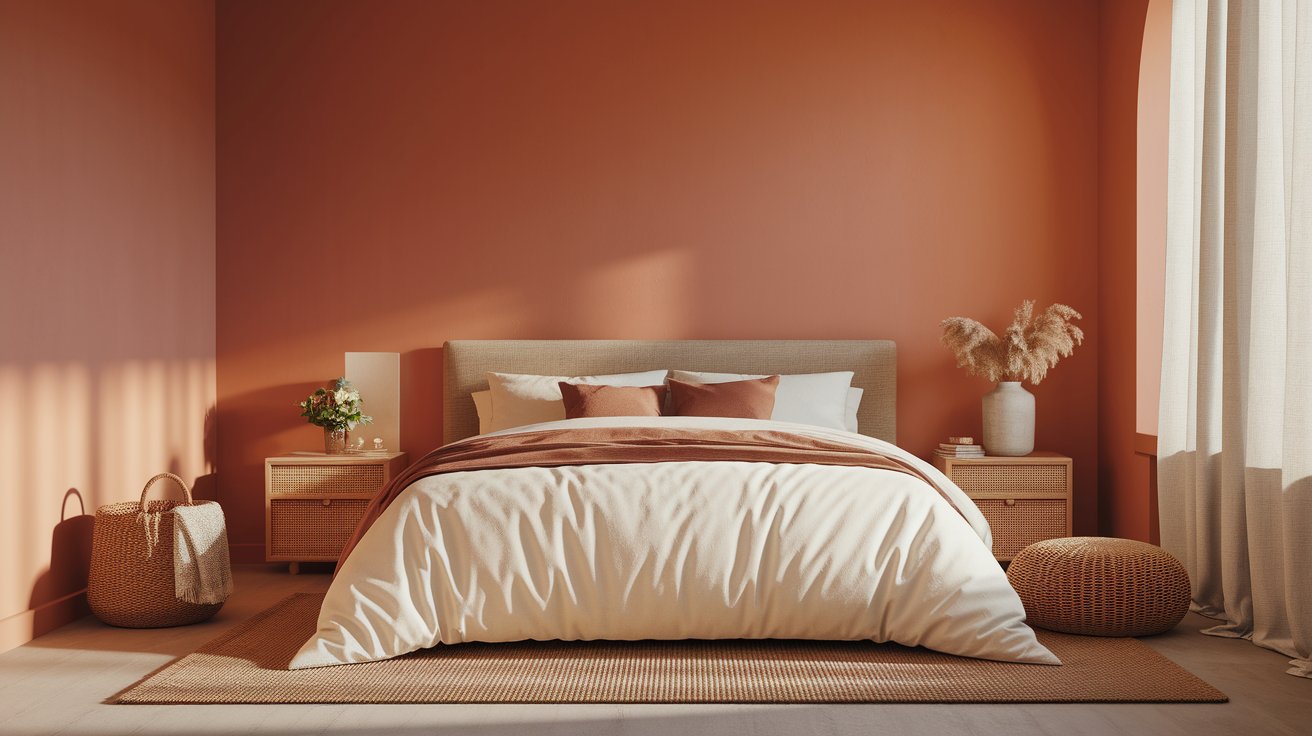 A stylish bedroom with warm orange walls and a neatly arranged bed, creating an inviting atmosphere.