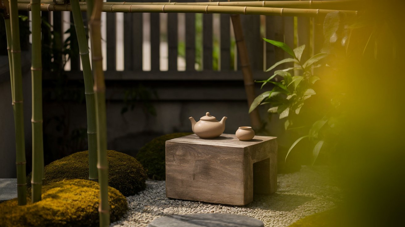 A small table displaying two teapots, one white and one blue, set against a neutral background.