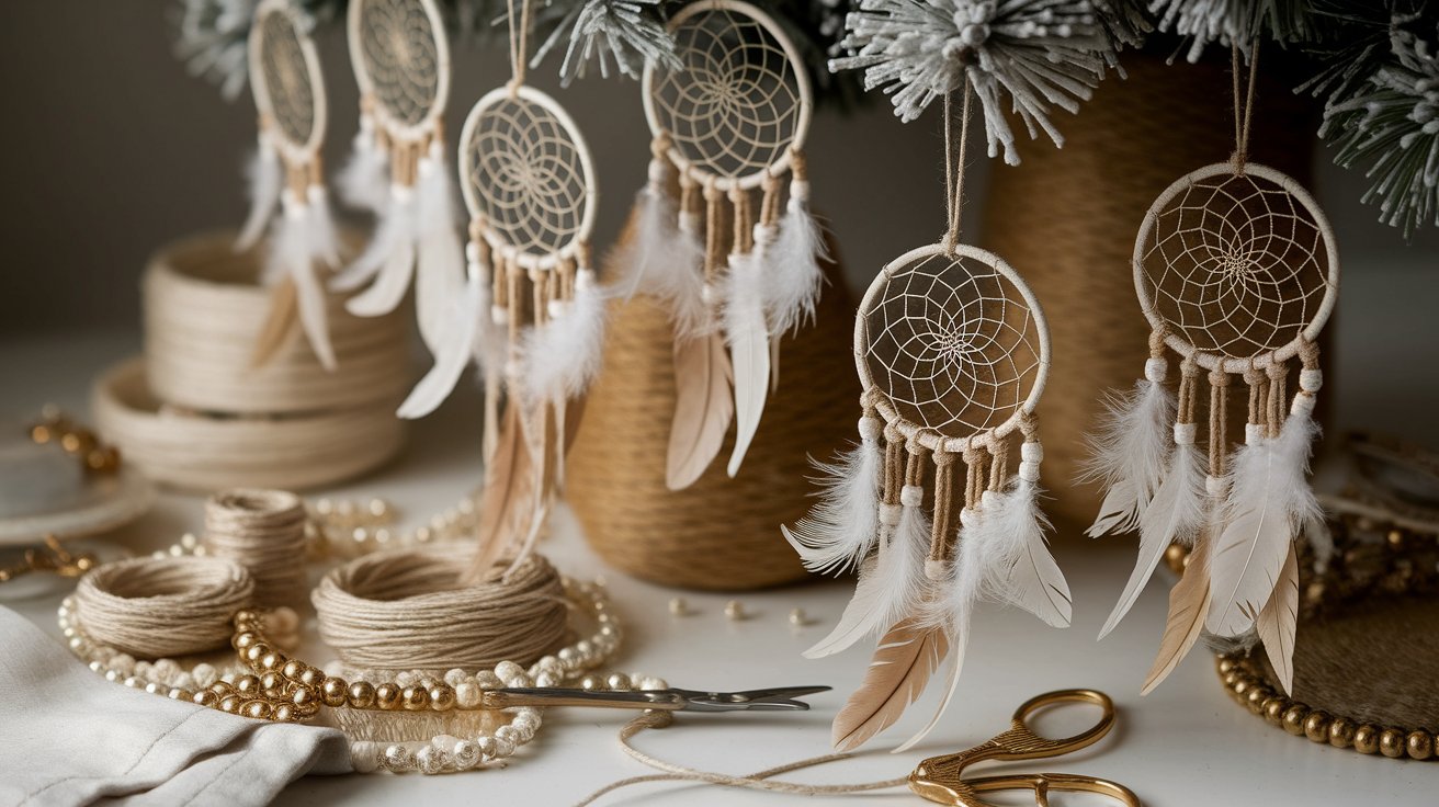 A table adorned with various dreamcatchers and decorative items, showcasing a blend of colors and textures.