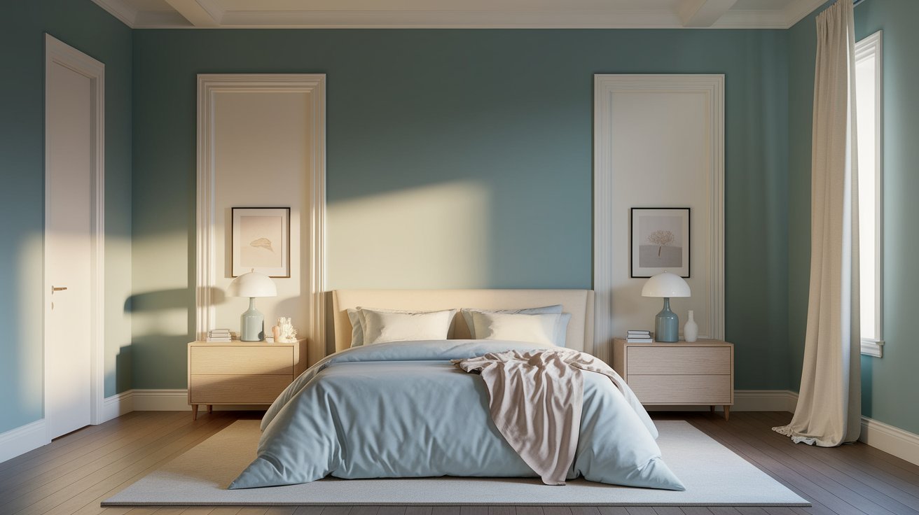 A cozy bedroom featuring blue walls and warm wood floors, creating a serene and inviting atmosphere.