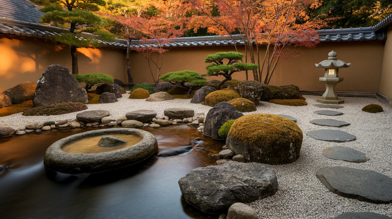 A serene Japanese garden featuring carefully arranged rocks and tranquil water features amidst lush greenery.