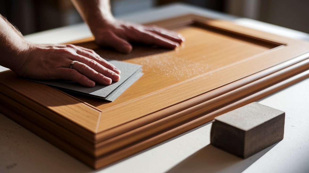 An individual sanding a wooden plank, focusing on achieving a smooth finish.