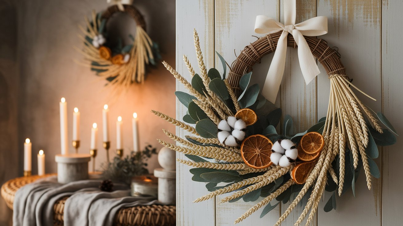 A festive wreath adorned with candles and oranges, creating a warm and inviting holiday atmosphere.
