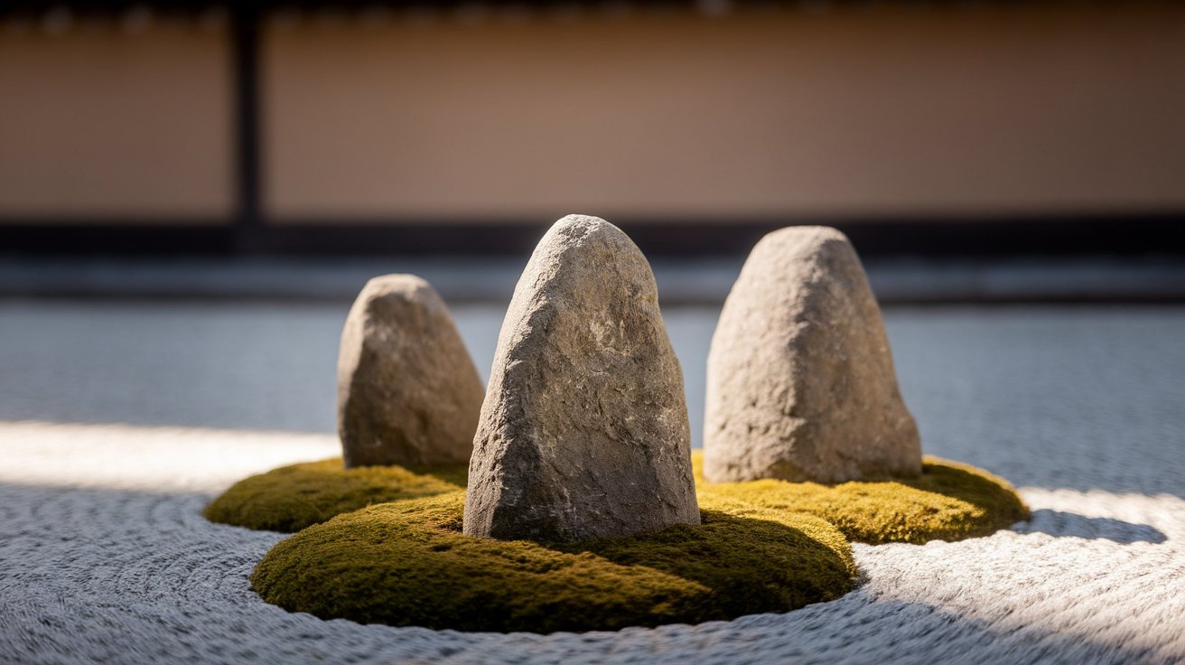 Three smooth rocks arranged harmoniously in a serene Japanese garden, surrounded by lush greenery and gravel.