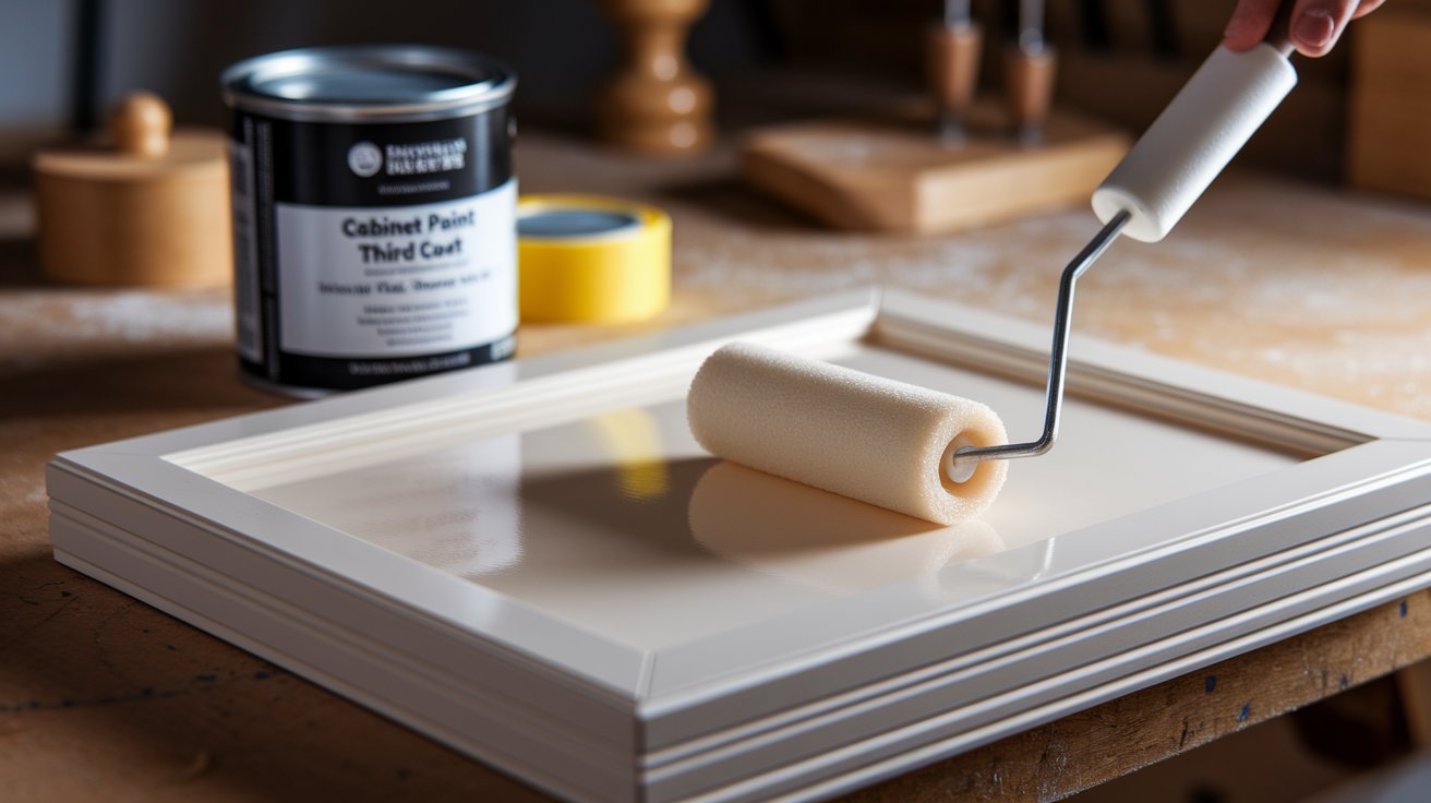 A person using a roller to paint a white frame, focused on applying an even coat of paint.