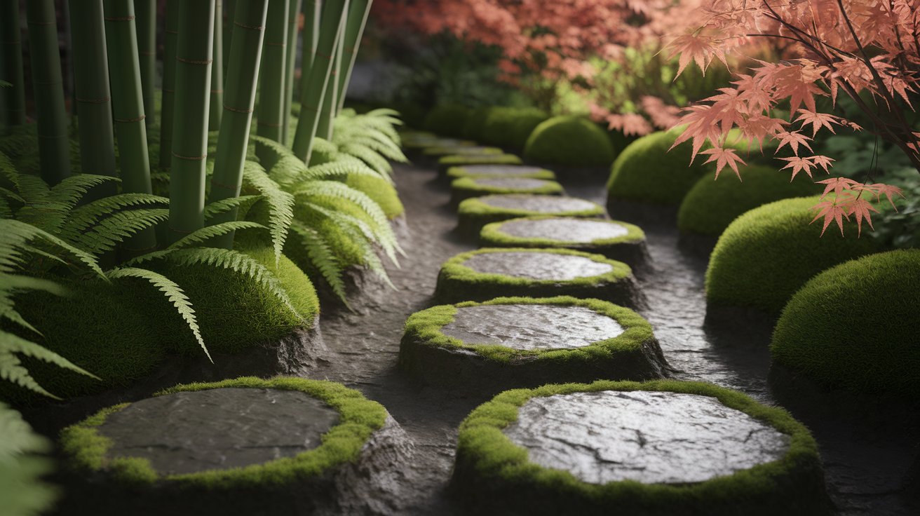 A serene path lined with mossy stones and lush bamboo plants, inviting exploration through a tranquil natural setting.