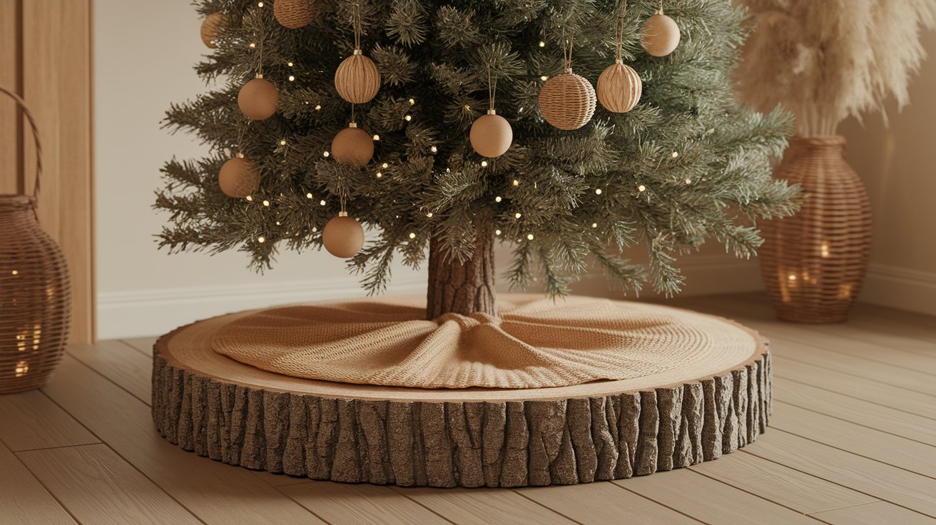 A decorated Christmas tree stands on a wooden base, showcasing festive ornaments and twinkling lights.