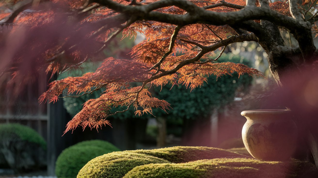 A serene Japanese garden featuring a lush tree beside a decorative vase, surrounded by tranquil greenery.