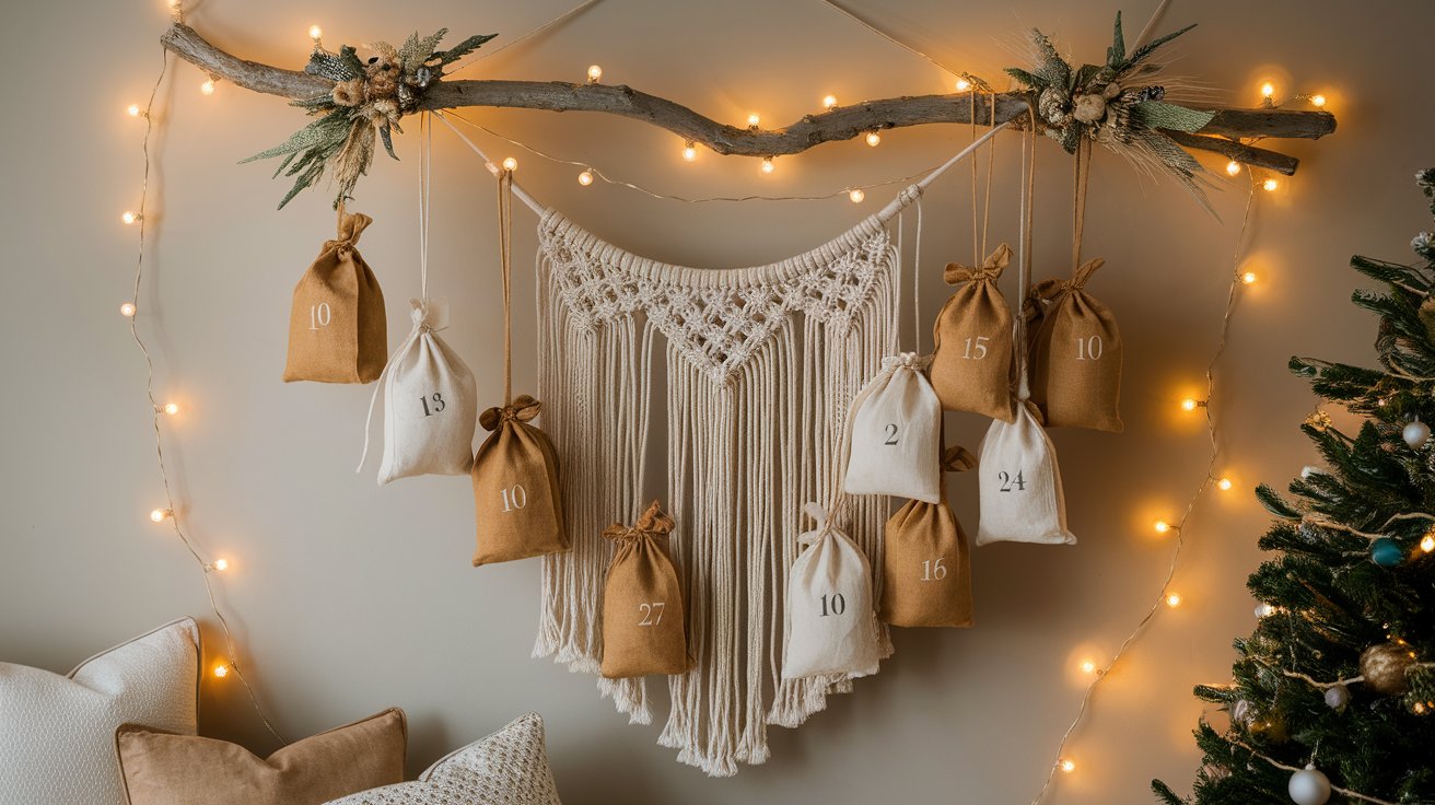 A decorated Christmas tree featuring a macrame hanging ornament, showcasing festive holiday spirit and craftsmanship.
