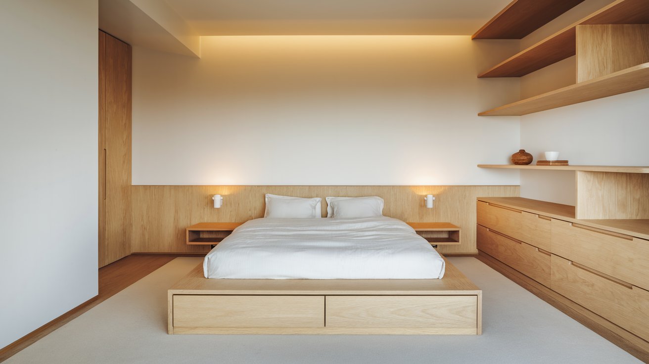 A serene bedroom with wooden shelves lining the walls and a comfortable bed, designed for relaxation and rest.