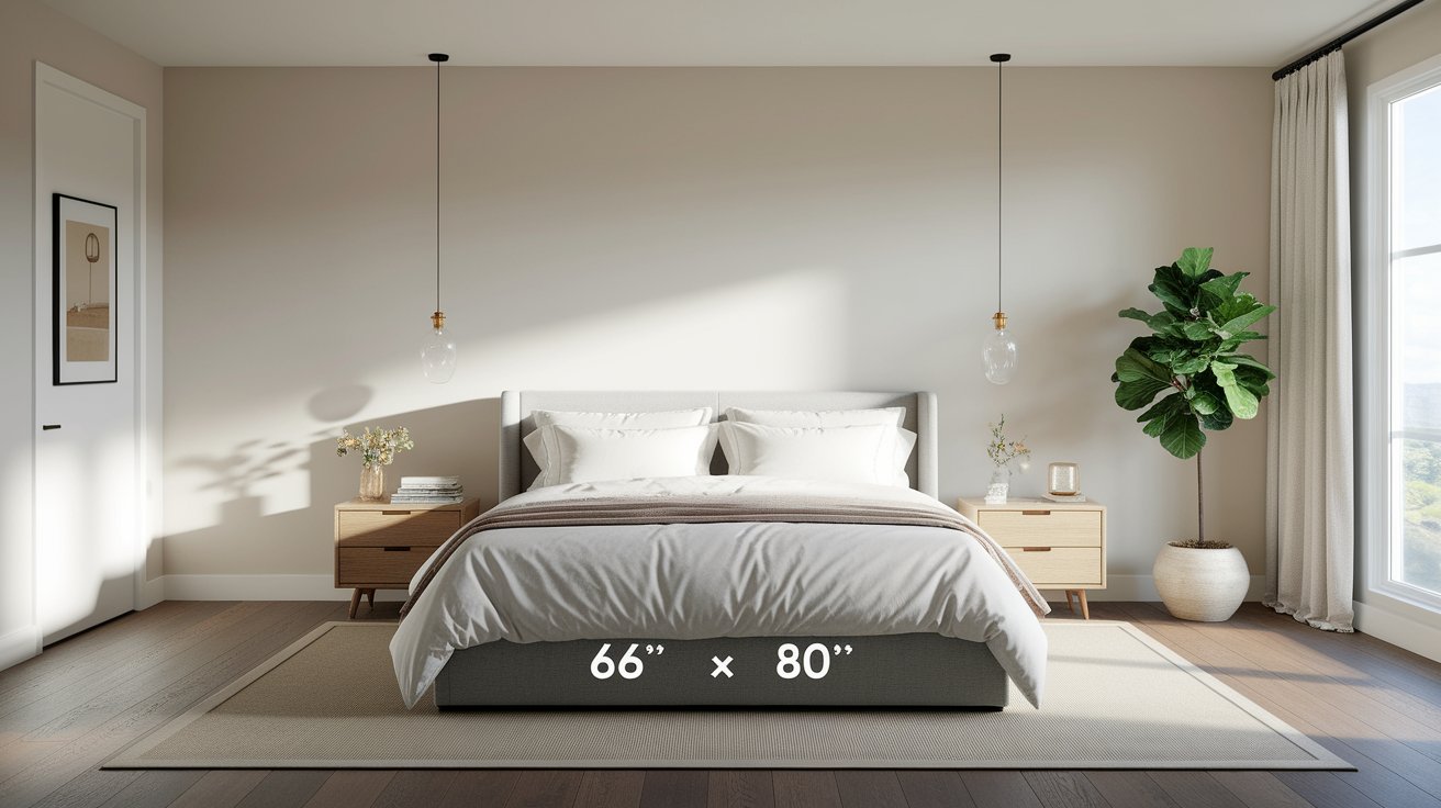 A cozy bedroom featuring a neatly made bed and a vibrant green plant in the corner.