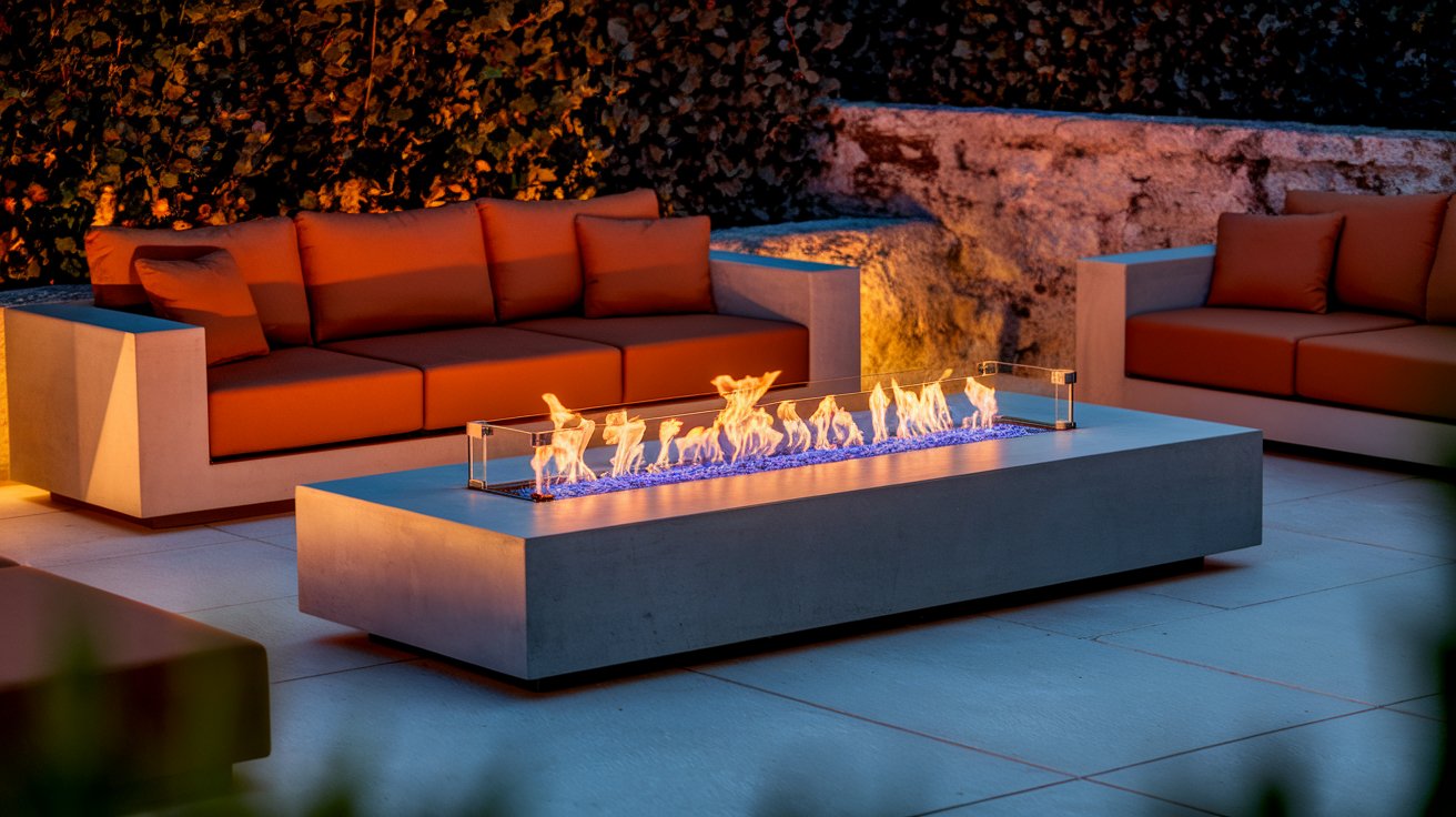 A modern outdoor fire pit surrounded by orange couches, creating a cozy and inviting atmosphere for gatherings.